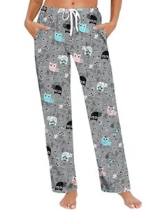 Pantalones de pijama para mujer, con estampado lindo de algodón, con bolsillos, Búho gris, M