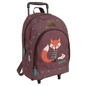 PERLETTI Mochila con Ruedas Niño Niña con Zorro Erizo – Mochila Trolley con Detalles Reflectantes para Guardería y Viaje – Trolley Infantil Marrón Correas Ajustables – 36x25x15cm (Zorro y Erizo)